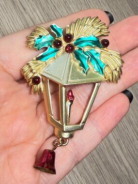 Vintage Christmas Lantern Brooch Red Bell Dangle Holly Enamel Pin 3"